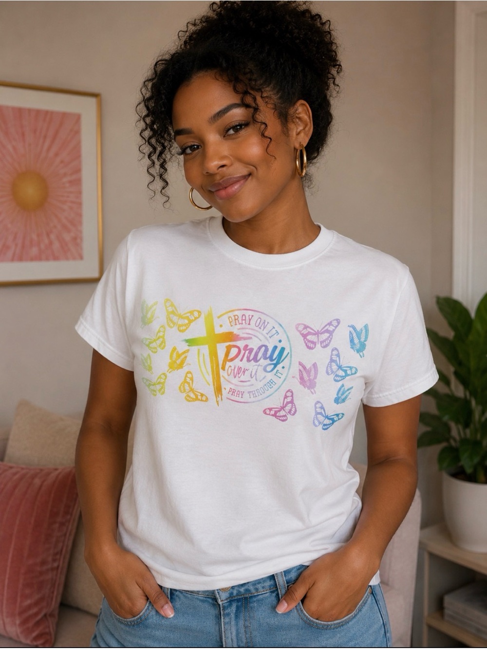 White Graphic Tee with Rainbow Butterflies & Cross